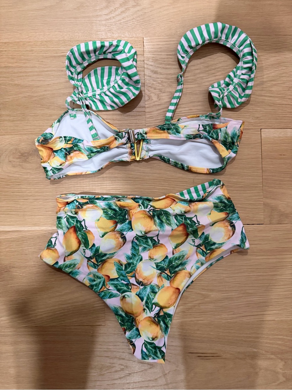 Lemon Print High-Waisted Bikini Set Size M Ruffle Strap Swimwear - Picture 5 of 8